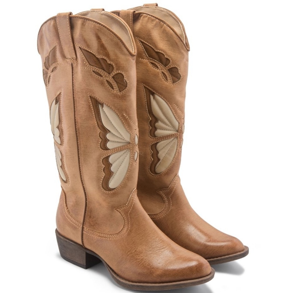 Coconuts  - Women's Monarch Cowboy Boot - Tan butterfly cowgirl boot- size 8.5